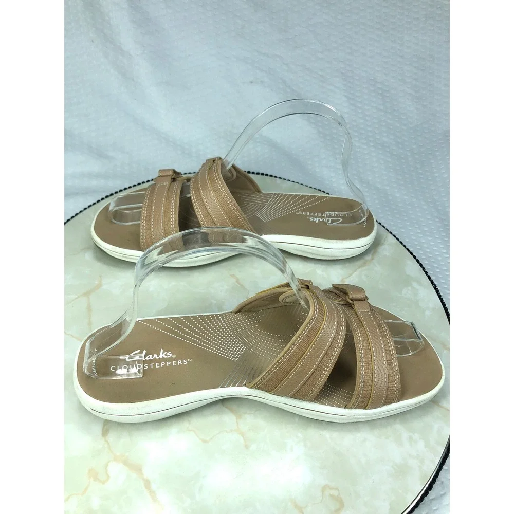 Clarks Cloudsteppers Slide Sandals Women 8 Tan Adjustable Straps Summer Comfort